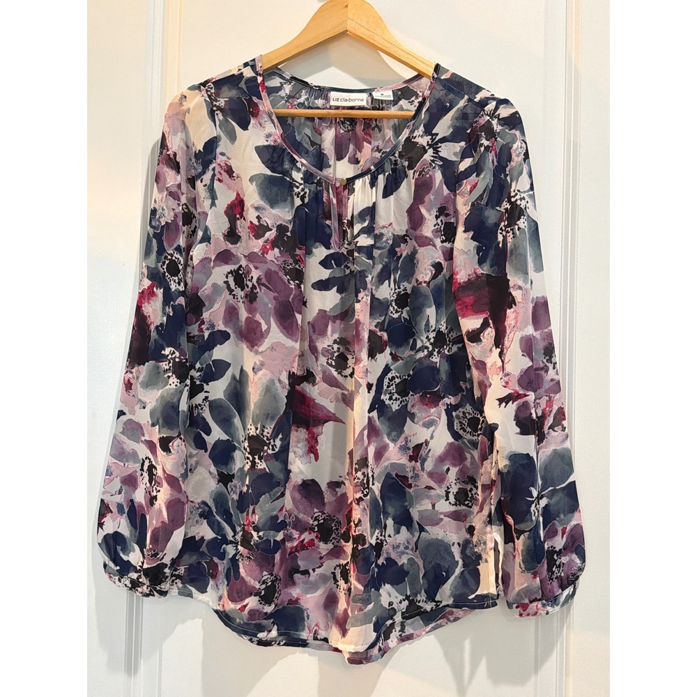 Liz Claiborne Womens Floral Watercolor Blouse Purple Blue Long Sleeve Top Medium